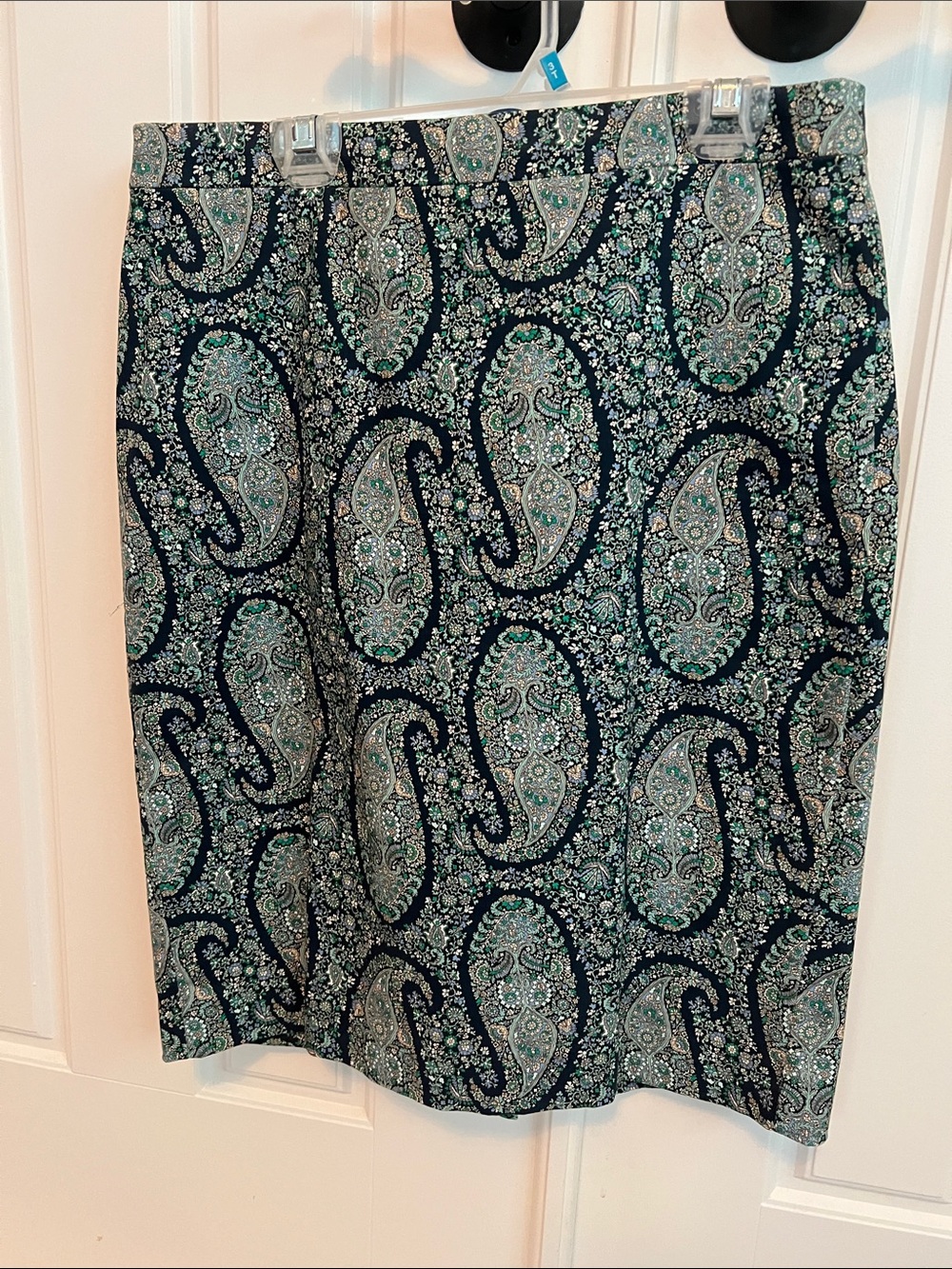 J. Crew Navy and Teal Paisley Pencil Skirt
